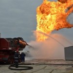 Hungarian oil and gas firm MOL Nyrt.’s special task force practices putting out a burning natural gas well in Szolnok, Hungary on Oct. 2.